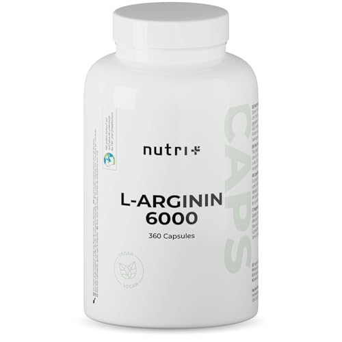 Nutri + L-Arginine Base gélules vegan hautement dosé - fermenté testé en laboratoire - 6000mg d'Arginine pour hommes & femmes - 360 capsules sans stéarate de magnésium ni gélatine