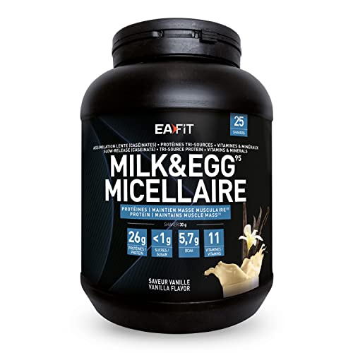 EAFIT - Milk&Egg - Protéines tri-sources : caséine, isolat, blanc d'oeuf - Assimilation lente - Protein de caseine - Proteine en poudre pour musculation - BCAA vitamine et minéraux- Vanille - 750g