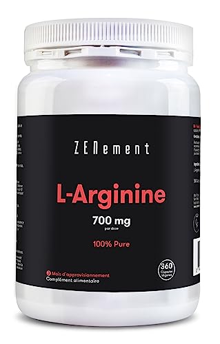 L-Arginine 100% Pure, 2800 mg (4 gélules), 360 Gélules | Vasodilatateur, Soutient la Performance Athlétique et la Construction Musculaire | Ingrédients 100% Naturel | Zenement