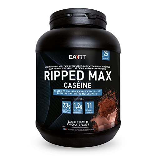 Ripped Max Caséine | EAFIT | Assimilation lente caseine 100% micellaire + Vitamines et Minéraux (magnesium,fer) | Riche en proteine | En poudre à mélanger dans un shaker pour le sport | Chocolat |750g