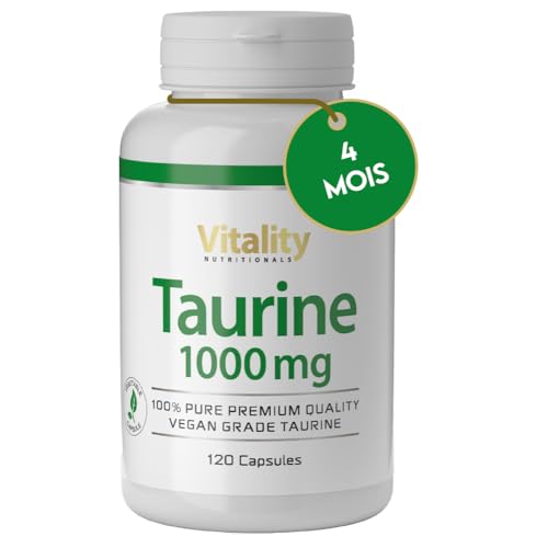 Taurine 1000 mg. 4 Mois 1 Gélule par Jour. Pre workout Sans Cafeine. Acides Aminés. Taurine Pure Sans lactose, sans gluten et sans levure. Végétalien. Vitality Nutritionals par VitaminExpress.