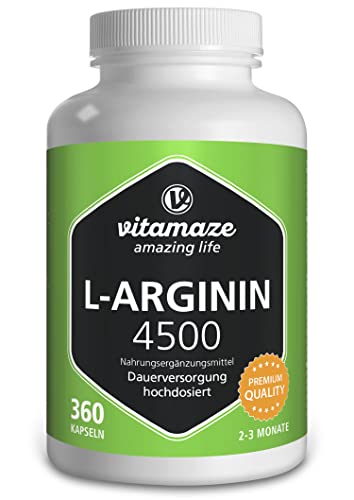 L-Arginine 4.500 mg Fort pour les Sportifs - 360 Gélules (3 Mois) - Performance Physique - Supplément d'Arginine Pure et Naturelle sans Additifs Inutiles