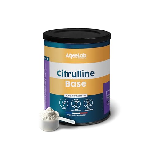 Citrulline Base • Qualité maximale : 100% pure & sans malate • 300 g = 100 doses • Congestion & Booster • Testée en labo indépendant • Fabriquée en FR • AqeeLab Nutrition : la marque écoresponsable