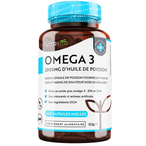 Omega 3 Huile de Poissons Sauvages 2000mg - 240 Gélules (120 Jours) - Haute Concentration en EPA (660mg) & DHA (440mg) Soutien Fonction Cardiaque et une Vision Normale - Fabriqué par Nutravita