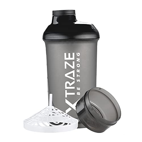 xtraze Shaker Proteine 500 ml avec Compartiment à Poudre 150 ml - Idéal Mixer de Fitness - Tamis pour Boissons Protéinées Crémeuses sans Grumeaux- Sans BPA