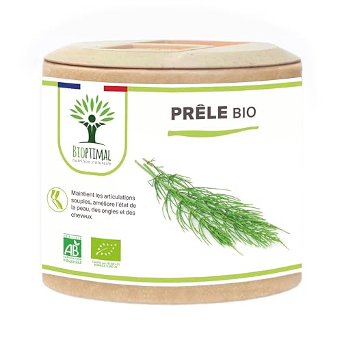 Prêle bio - Silicium Organique - Complément alimentaire Bioptimal - Prêle des champs en gélule de 300 mg - Articulation Diurétique Peau Cheveux - Fabriqué en France - Certifié par Ecocert - 60 gélules