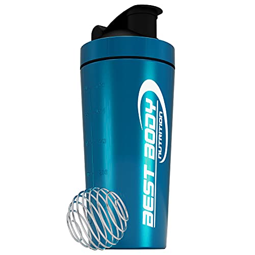 Best Body Nutrition Shaker pour boisson protéinée, en acier inoxydable, avec tamis intégré et boule en spirale, bleu