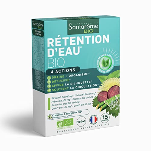Santarome Bio - Rétention d'Eau | Complément Alimentaire Draineur & Détox | Favorise l'Elimination de l'Eau - A base de plantes Bio - Pilosselle, Thé Vert | 15 Comprimés | Végan | Made In France